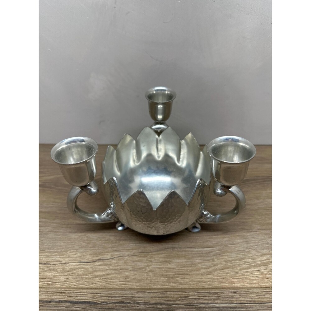 VTG Hammered Tin Silver Lotus Candelabra Centerpiece Pura Banka Indonesia 4.25x6